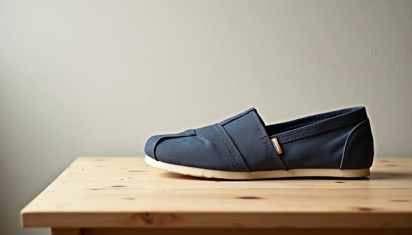TOMS canvas slip-on shoe laid flat on wood
