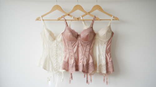 Hanging corset, bustier, and basque on white wall. Ivory and rose tones.