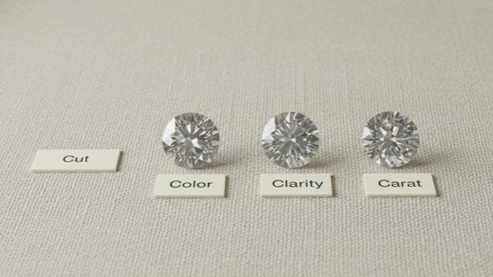 Four loose diamonds with labels Cut Color Clarity Carat on beige background.