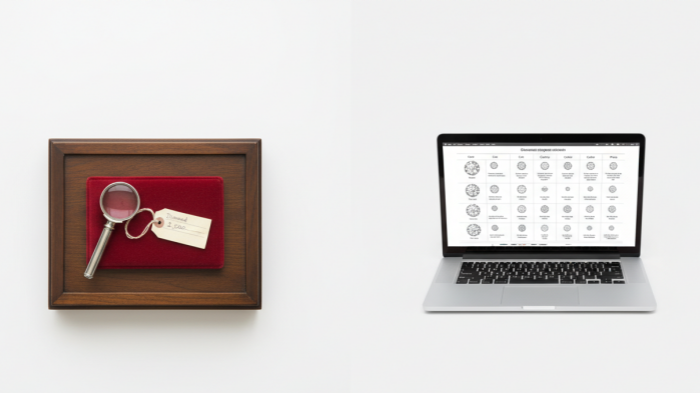Comparison of traditional jewelry store and online diamond shopping on laptop.