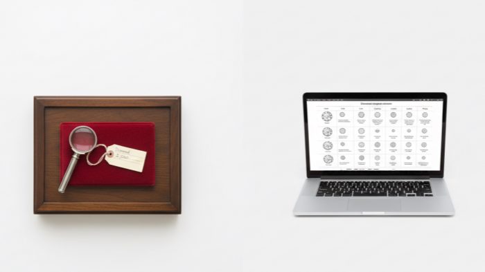 Online vs Store Diamond Shopping Comparison of traditional jewelry store and online diamond shopping on laptop.