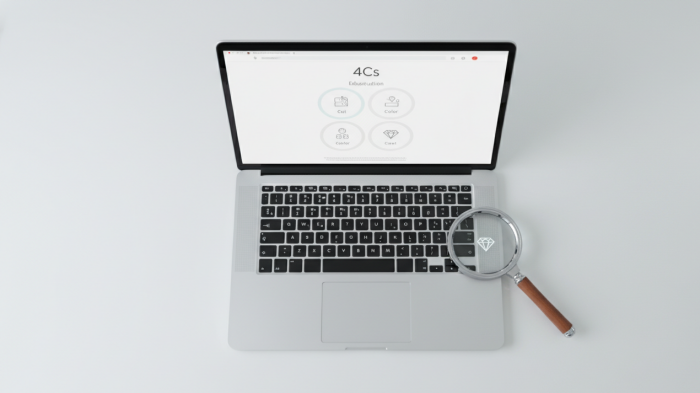 Laptop showing diamond education page with magnifying glass beside it.