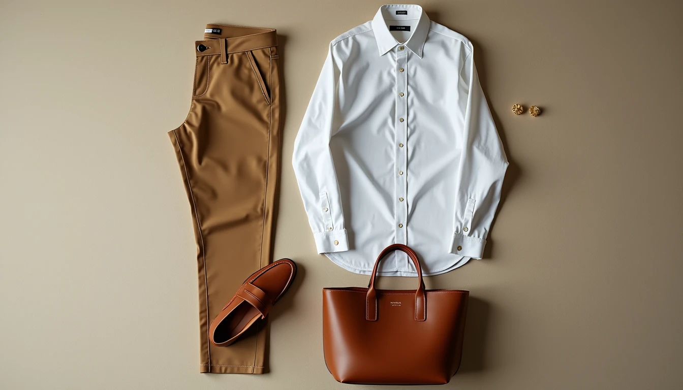 Camel trousers, white Oxford shirt, loafers, tote bag, and gold earrings.