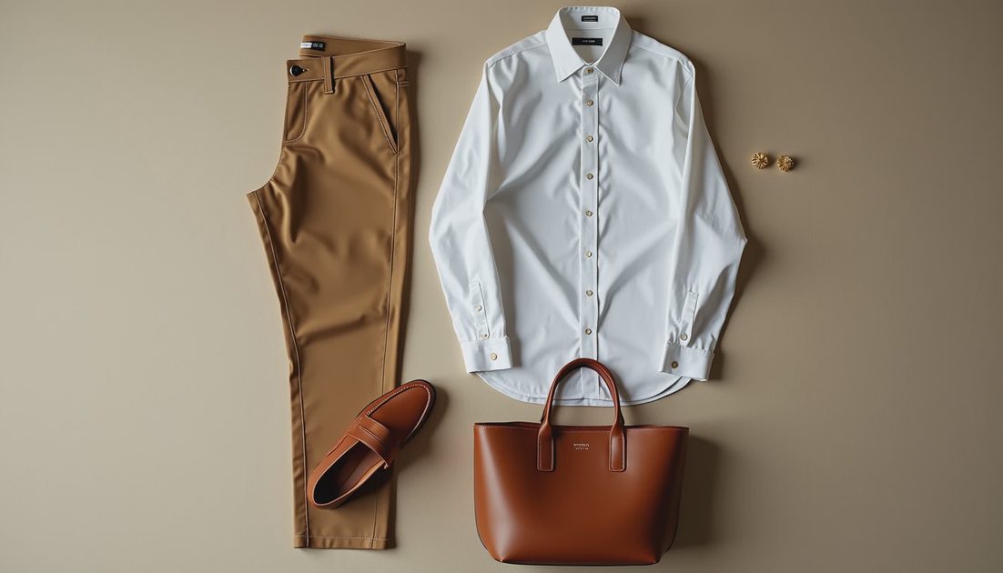Classic Everyday Old Money Outfit Camel trousers, white Oxford shirt, loafers, tote bag, and gold earrings.