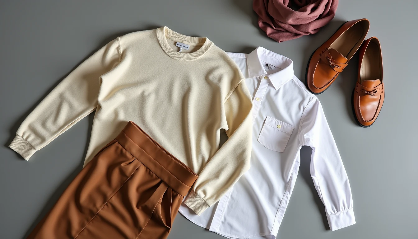 Cashmere sweater, Oxford shirt, A-line skirt, loafers, and silk scarf.