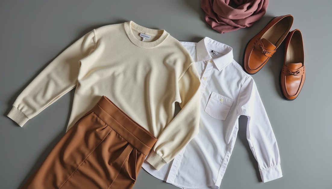 Old Money Wardrobe Staples Cashmere sweater, Oxford shirt, A-line skirt, loafers, and silk scarf.