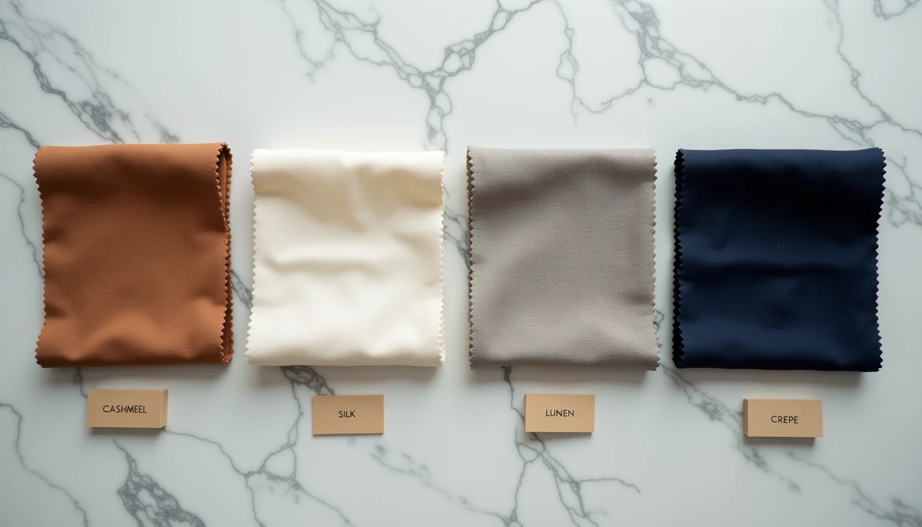Fabric swatches of cashmere, silk, linen, and wool crepe on white marble.