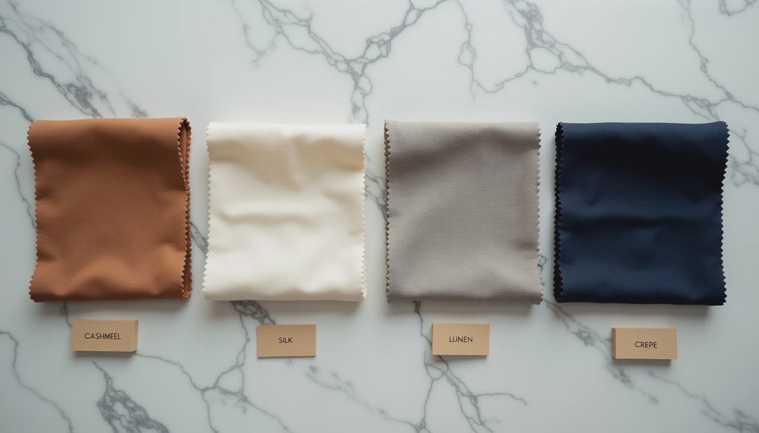 Old Money Fabric Guide Fabric swatches of cashmere, silk, linen, and wool crepe on white marble.