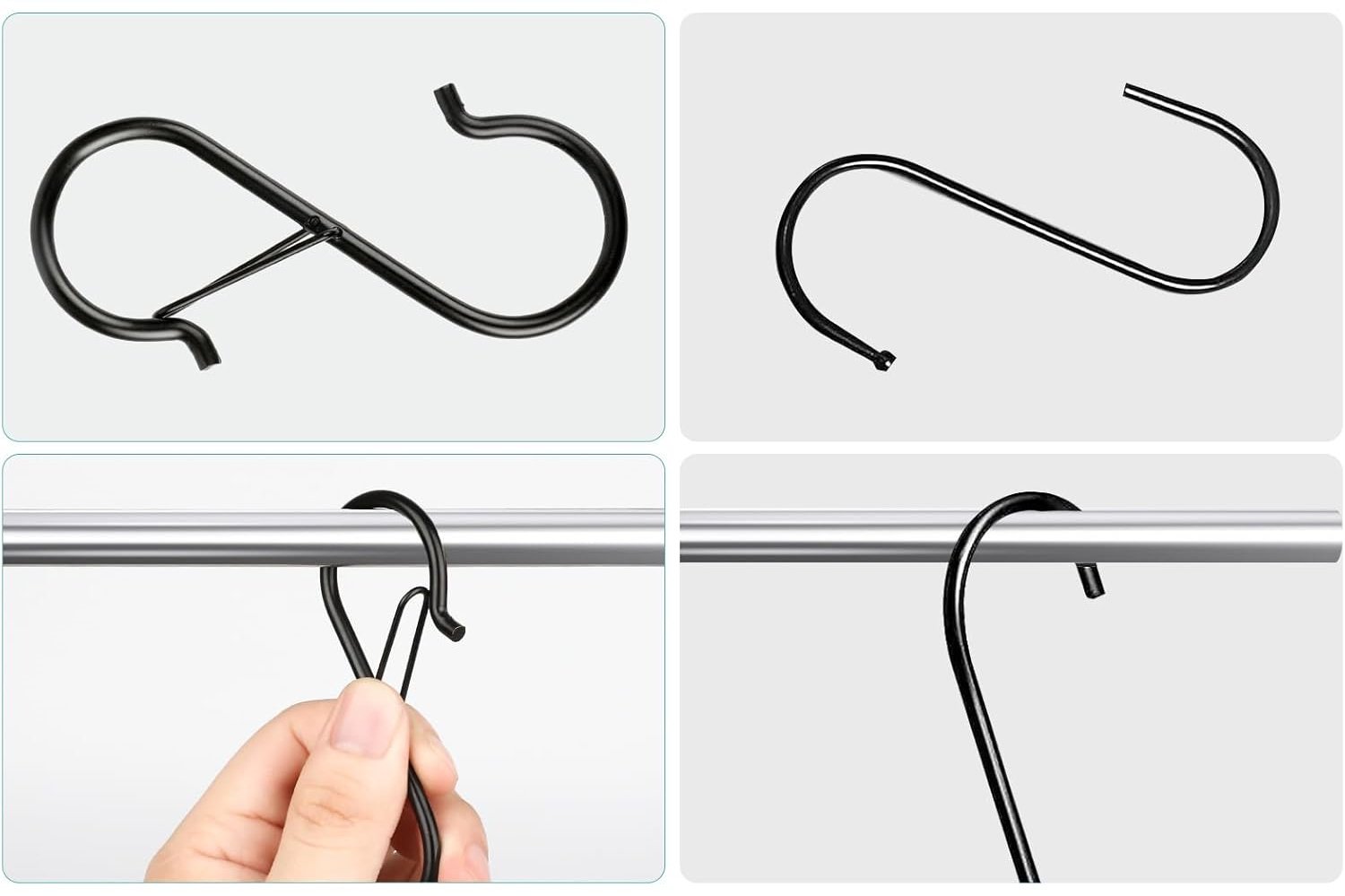 A four-panel image detailing the design and use of a black S hook. Panels show a close-up of the hook with a safety lock, a simple S-shaped hook, a hand demonstrating how to open the safety lock, and the hook hanging securely on a rod.