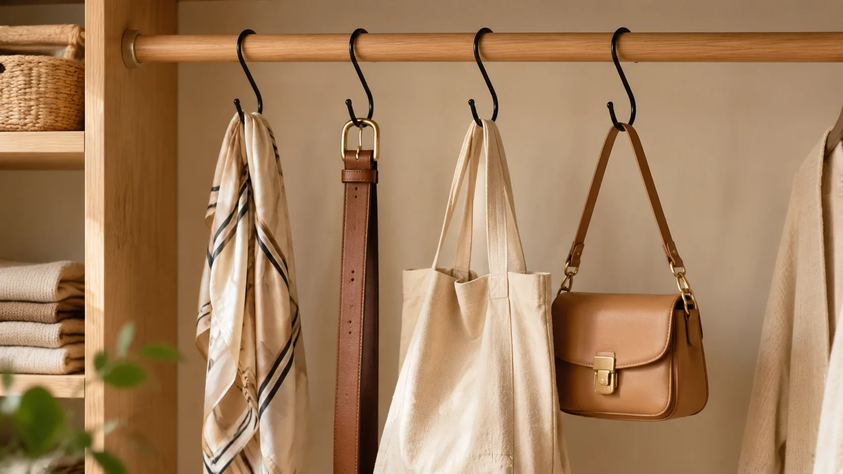  Black S hooks hanging from a wooden closet rod, holding a cream-colored scarf, a brown leather belt, a canvas tote bag, and a brown leather shoulder bag. A stack of folded clothes and a woven basket are visible on shelves to the left.
