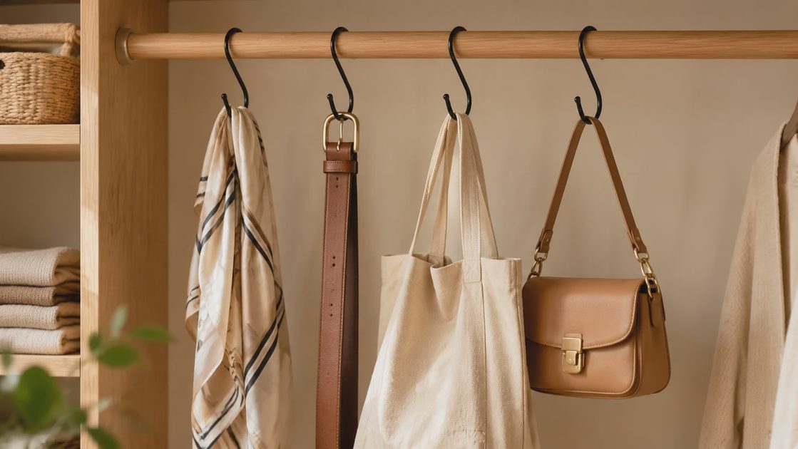 S Hooks for Closet Organization Black S hooks hanging from a wooden closet rod, holding a cream-colored scarf, a brown leather belt, a canvas tote bag, and a brown leather shoulder bag. A stack of folded clothes and a woven basket are visible on shelves to the left.