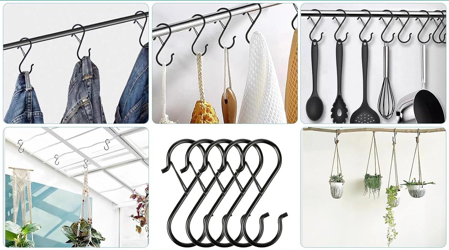 A nine-panel grid showcasing various uses for black S hooks in different settings, including hanging jeans, kitchen utensils, bath accessories, plants, and outdoor lanterns.